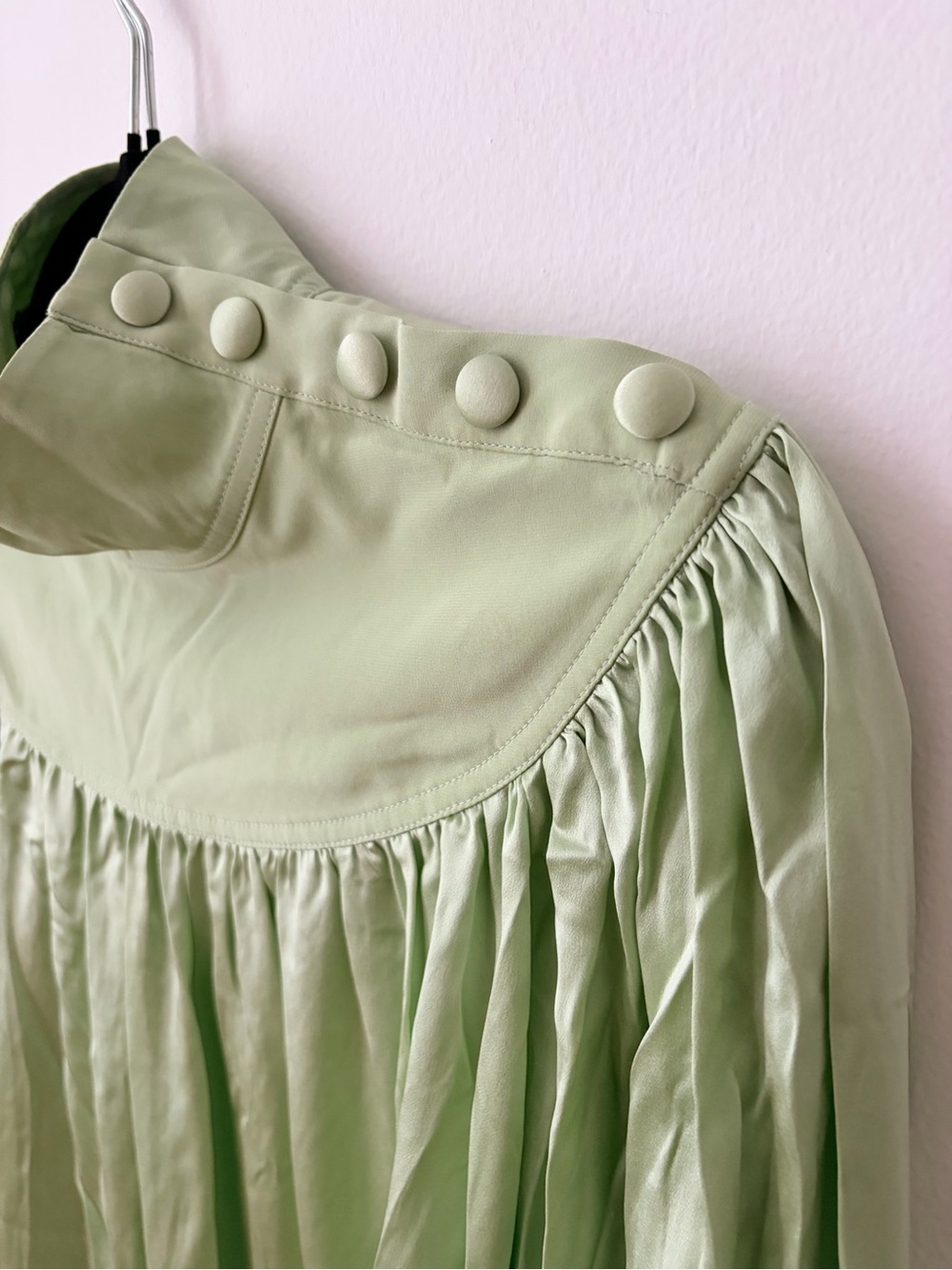 Celine Pale Green Gathered Silk Blouse - Picture 2 of 9